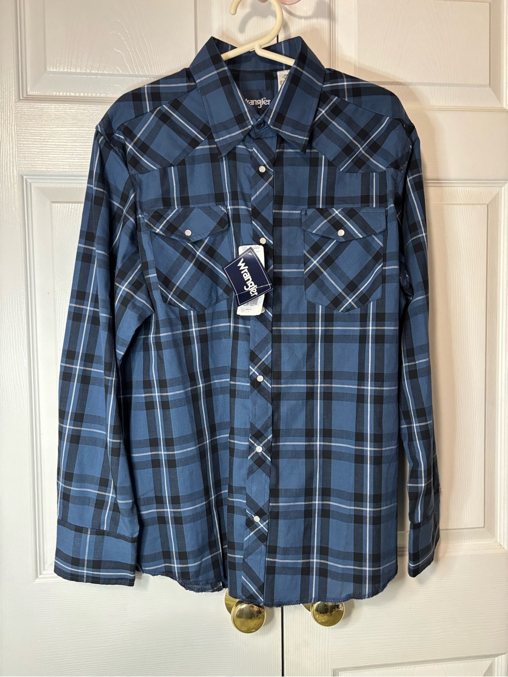 Wrangler Blue and Black Plaid Western Button-Down Shirt New Sz L